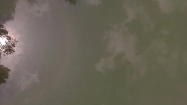Göl yüzeyinde alçak uçuş, yeşilimsi su yüzeyindebulutların yansıması. 4k