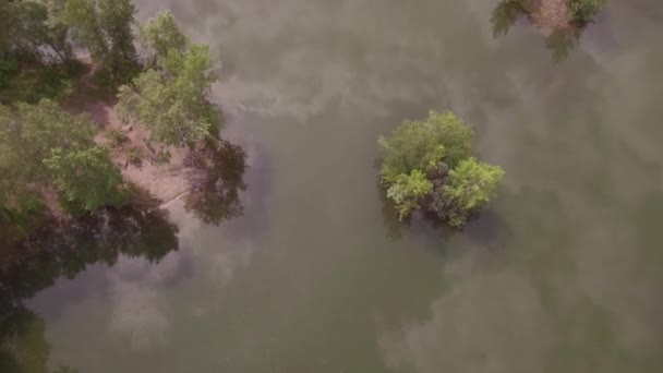 Bajo vuelo sobre la superficie del lago, reflejo de nubes en la superficie de agua verdosa. 4K — Vídeo de stock