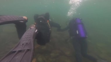 bir Dağ Gölü'nde sığ bir su tüplü dalış kursu yürüten dalış eğitmeni