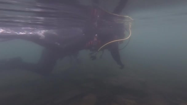 Інструктор з дайвінгу проведення мілководдя підводного плавання в гірському озері — стокове відео
