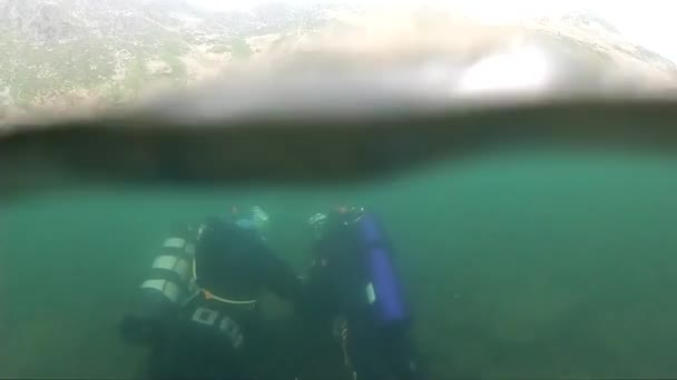 Первое погружение в холодную воду, инструктор по дайвингу проводит курс подводного плавания на мелководье в горном озере — стоковое видео