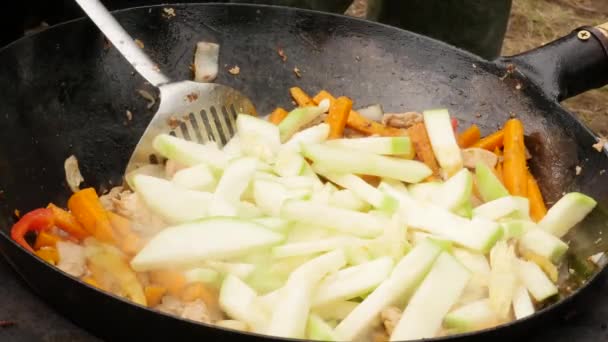 Gotowanie warzyw z mięsem na zewnątrz. smażone warzywa w Kociołek. koncept urlopów. 4K — Wideo stockowe