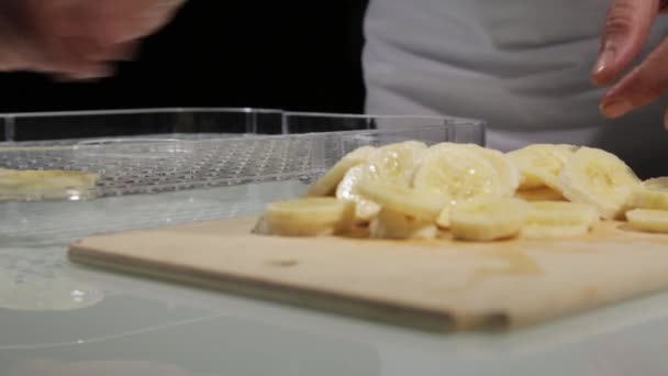 Gedroogde vruchten. Biologisch ecologisch voedsel. vrouw legt fruit op de planken in de droogapparatuur — Stockvideo