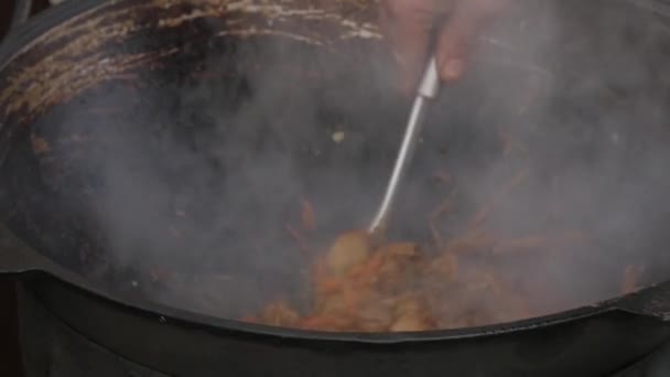 Uien en knoflook worden gebakken in een pan met vlees. Koken roergebakken vlees met groenten. Slow Motion — Stockvideo