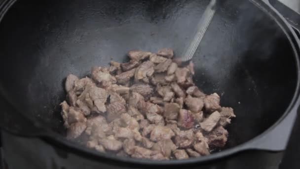 Pilaff a bárány és a hagymát egy üstben egy kandallókályha, főzés — Stock videók