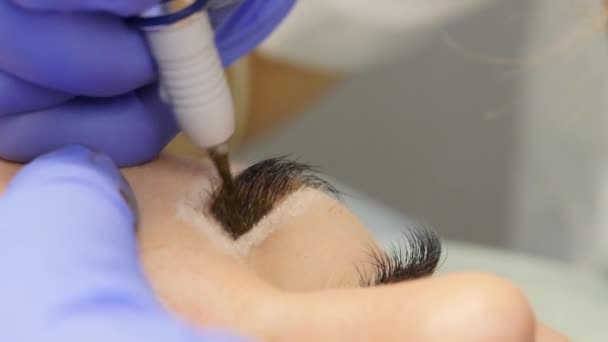 Les mains rapprochées du maître qui fait le tatouage des sourcils. maquillage permanent professionnel des sourcils. 4K — Video