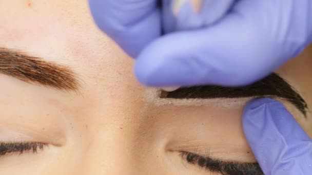 Les mains rapprochées du maître qui fait le tatouage des sourcils. maquillage permanent des sourcils. 4K — Video