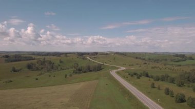 Havadan Görünüm. Hasat sonrası tarım alanı, tarlalar arası kırsal yol. 4k