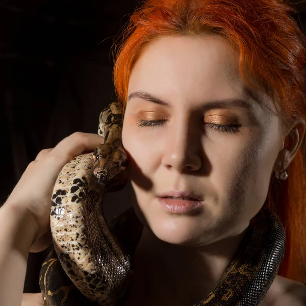 redhead woman holding snake. close-up photo girl with pygmy python on a white background