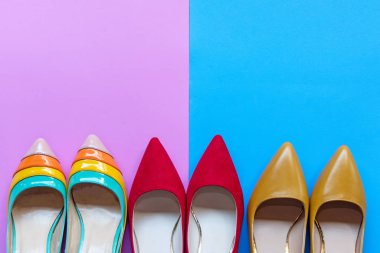 Moda kadın aksesuar seti. Son moda renk tam moda topuklu ayakkabılar. Pembe ve mavi pastel renk arka plan. Moda kavramı.