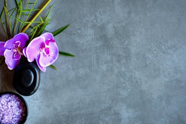 Thai Spa. Üstten görünüm için ayarlama sıcak taş tedavi masaj ve mor orkide cins blackboard kopya alanı ile rahatlayın. Yeşil yaprak siyah taş yığını için spa terapi ile. Yaşam tarzı ve sağlıklı kavramı