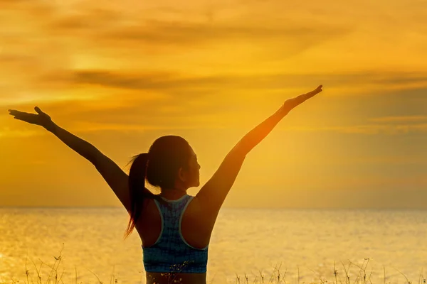 Siluet Sağlıklı Kadın Yaşam Tarzı Rahatlatıcı Hayati Egzersiz Meditasyon Yoga — Stok fotoğraf