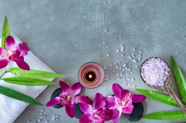 Thai Spa. Üstten görünüm için ayarlama sıcak taş tedavi masaj ve mor orkide cins blackboard kopya alanı ile rahatlayın. Yeşil yaprak siyah taş yığını için spa terapi ile. Yaşam tarzı ve sağlıklı kavramı.