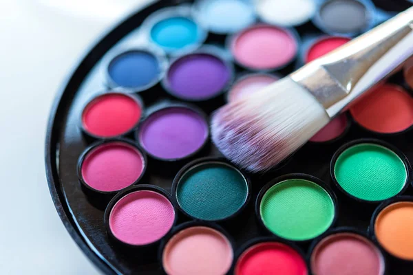 stock image Eyeshadow Colorful pastel cosmetics and make up plate with brush, Copy space.  Lifestyle Beauty Concept