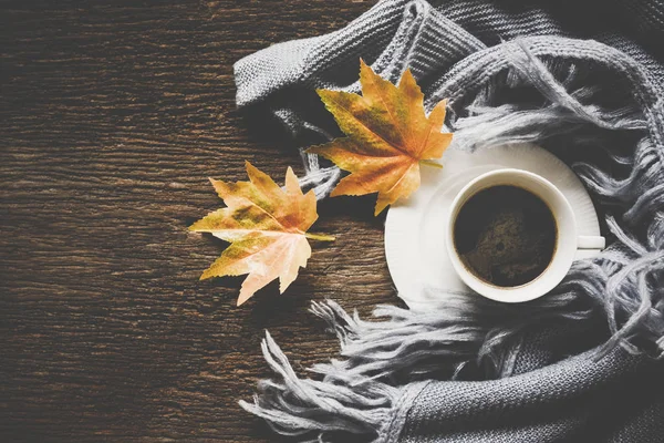 Gemütlicher Winterhintergrund Tasse Heißen Kaffee Mit Marshmallow Warmer Strickpullover Auf — Stockfoto