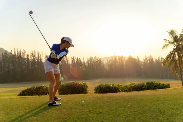 Asyalı kadın golf oyuncu golf salıncak tee yapıyor kapalı yeşil günbatımı akşam zamanında o muhtemelen egzersiz. Sağlıklı yaşam konsepti.