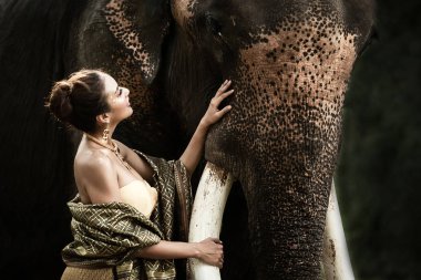 Asyalı geleneksel kadın dikkat çekici ve onun en iyi arkadaşı fil ile Tayland ilinde Kanchanaburi itibariyle geziler tatil için seviyorum sarılmak olduğunu. Seyahat ve geziler kavramı