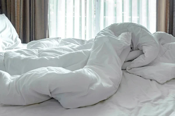 Mattress Bed White Sheet Duvet Pillow Messed Morning Bed Room — Stock Photo, Image