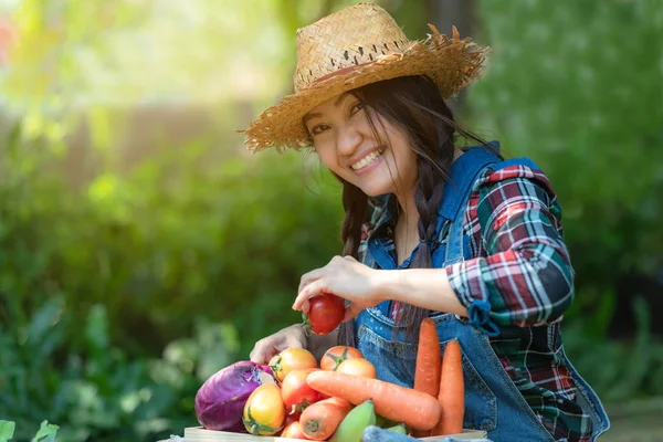 Asiática Feliz Agricultora Sosteniendo Una Cesta Verduras Ecológicas Viñedo Aire —  Fotos de Stock