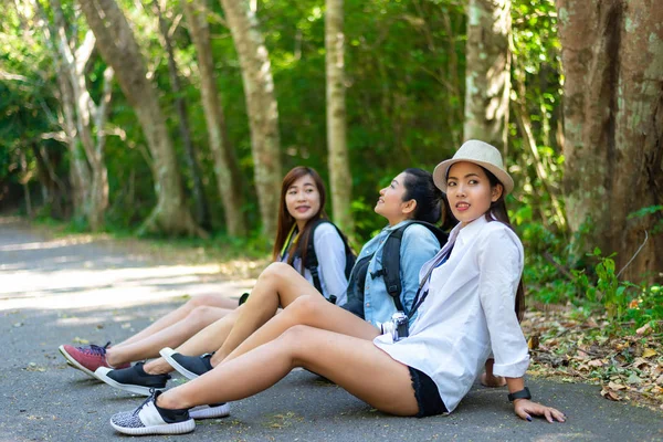 旅行团体亚洲女旅行者坐在与户外森林的道路上休息在假期和度假旅行 旅游理念 — 图库照片