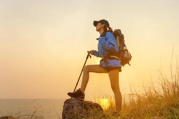 亚洲徒步者背着背包走在国家公园里 女游客去野营在草甸森林 日落背景 旅游理念 — 图库照片