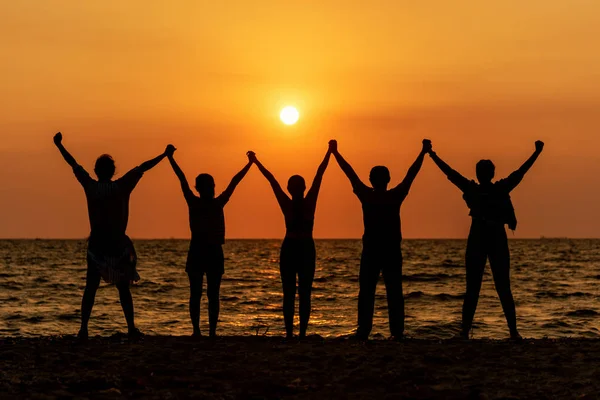 Silhouette Friends Teamwork Standing Beach Sunset Time Success Business Lifestyle Stock Image