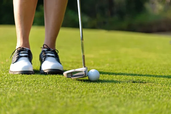 Sport Healthy Close Golfer Asian Sporty Woman Focus Putting Golf — Stock Photo, Image