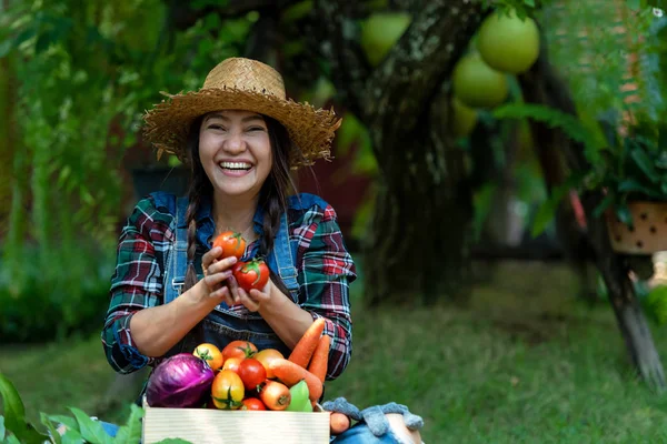Asiática Feliz Agricultora Sosteniendo Una Cesta Verduras Ecológicas Viñedo Aire —  Fotos de Stock