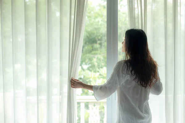 Lifestyle Women Open Window Get White Bed Morning Sunrise Relax — Stock Photo, Image
