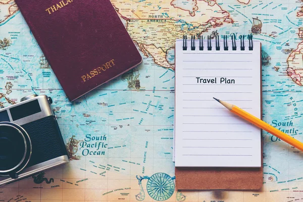 Top View Traveler Notepad Planning Travel Trips Vacations World Old — Stock Photo, Image