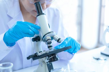 Bilim adamları analiz çalışma veri ve değerlendirirken mikroskop. Sağlık araştırmacılar iş biraz araştırma ile test ve yaşam bilimleri laboratuarında çalışan damlalık kimyasal