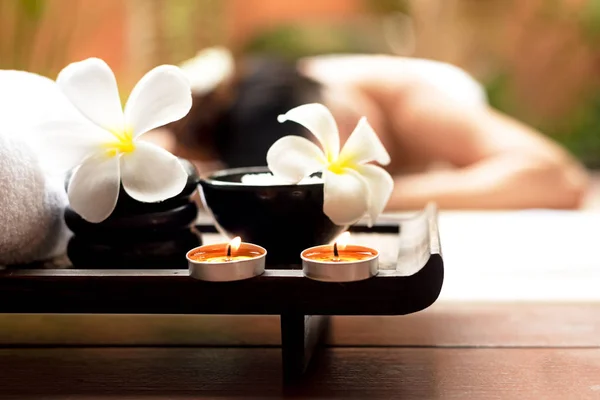 Close Spa Items Background Asian Woman Lying Massage Bed Scrub — Stock Photo, Image
