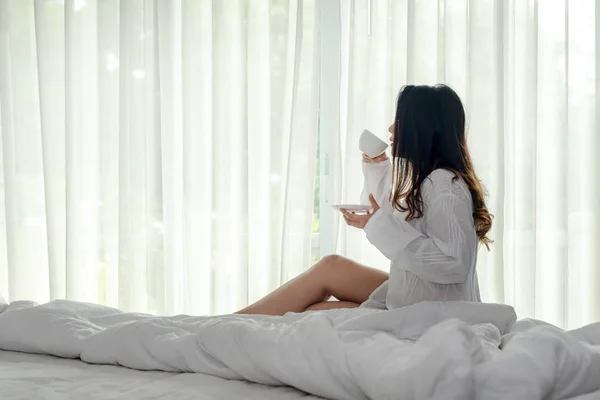 Asian Woman Bedroom Drinking Coffee Wake Relax Mood Holiday Window — Stock Photo, Image