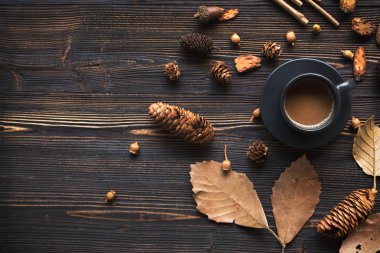 Kış sıcacık geçiyor. Güneşli bir günde eski ahşap arka planda kahverengi bir fincan sıcak kahve. Yaşam biçimi konsepti