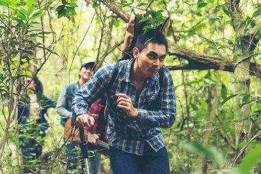 Sırt çantalı bir grup Asyalı gezgin, gezintiye çıktı. Orman ormanlarında geziyor. Tatilde eğitim görüyor. Seyahat ve Yaşam Tarzı Konsepti