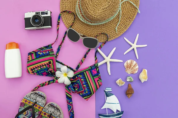 Zomer Mode Vrouw Badpak Bikini Camera Starfish Sunblock Zonnebril Hoed — Stockfoto