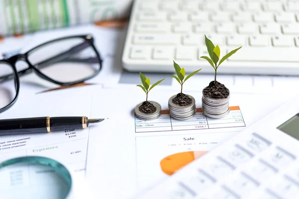 Impianti Crescita Economica Pila Monete Carta Analizzare Prestazioni Finanziarie Grafico — Foto Stock