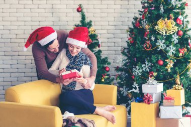 Mutlu noeller. Genç adam Noel hediyesiyle kız arkadaşına sürpriz yapıyor. Gençler yeni yıl kutlamaları, partiler ve yılbaşı şampanyaları ile Noel ağacını evde içiyorlar.. 