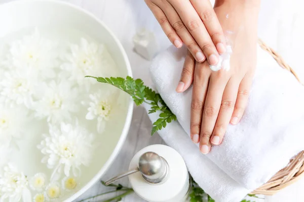 Spa beauty massage health wellness. Spa Thai therapy treatment aromatherapy for nail and hands woman with white flower nature candle for relax and summer time. Lifestyle and cosmetic Concept