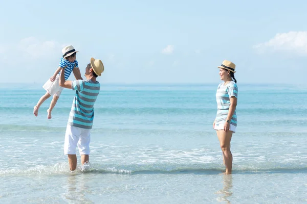 Happy family summer sea beach vacation. Asia young people lifestyle travel enjoy fun and relax leisure destination in holiday. Travel and Family Concept