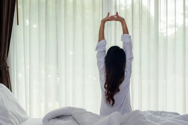 Asian Women Waking Stretching Raise Arms Bed Room Home Young — Stock Photo, Image