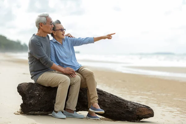 Asian Lifestyle senior couple pointing and hug see beach happy in love romantic and relax time. Tourism elderly retirement family travel leisure destination and activity after retirement