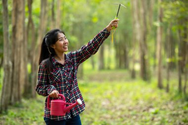 Asyalı genç bir kadın, küresel ısınma özelliğini azaltmak ve doğayla ilgilenmek için doğada bitki ve fidan fidanlarını suluyor.. 