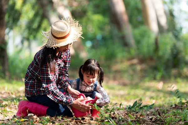 Familia Asiática Mamá Niño Hija Plantar Árbol Retoño Aire Libre —  Fotos de Stock