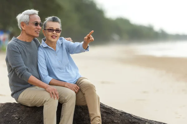 Ασιατικό Lifestyle Ηλικιωμένο Ζευγάρι Δείχνει Και Αγκαλιά Δείτε Παραλία Ευτυχισμένη — Φωτογραφία Αρχείου