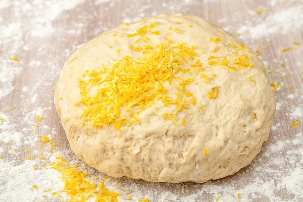 Cake Dough Lemon Zest Sprinkling Background White Flour Desktop — Stock Photo, Image