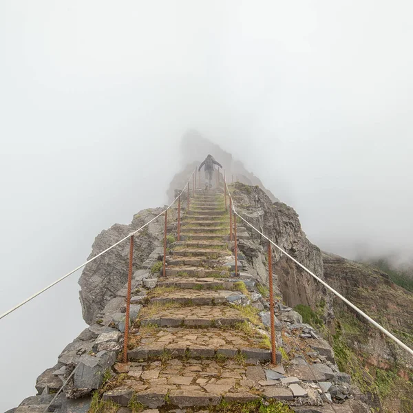 Bir uzun yürüyüşe çıkan kimse bir çit ile taş merdiven boyunca bulutlarda gizli üstünde yürür
