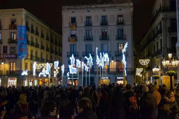 Nativity Scene Night Plaza Sant Jaume Barcelona Catalonia Spain — Stock Photo, Image