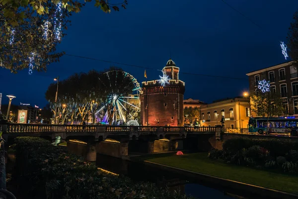 Castillet Perpignan Noite Natal França — Fotografia de Stock