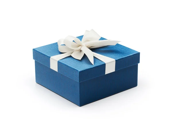 Blue Gift Box White Bow Isolated White — Stock Photo, Image